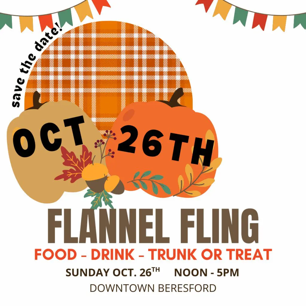 Save the Date graphic for Flannel Fling on October 26th, featuring pumpkins, fall leaves, and event details for Downtown Beresford